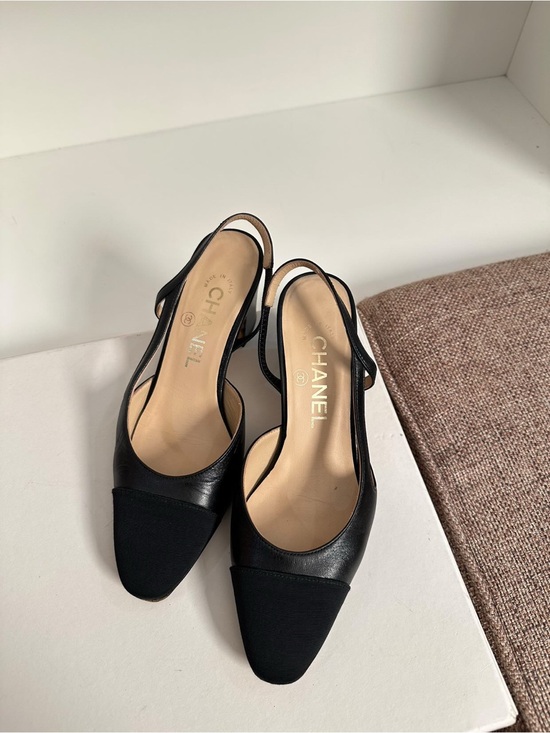 CHANEL Shoes - CHANEL Black Leather & Fabric Slingback Mules